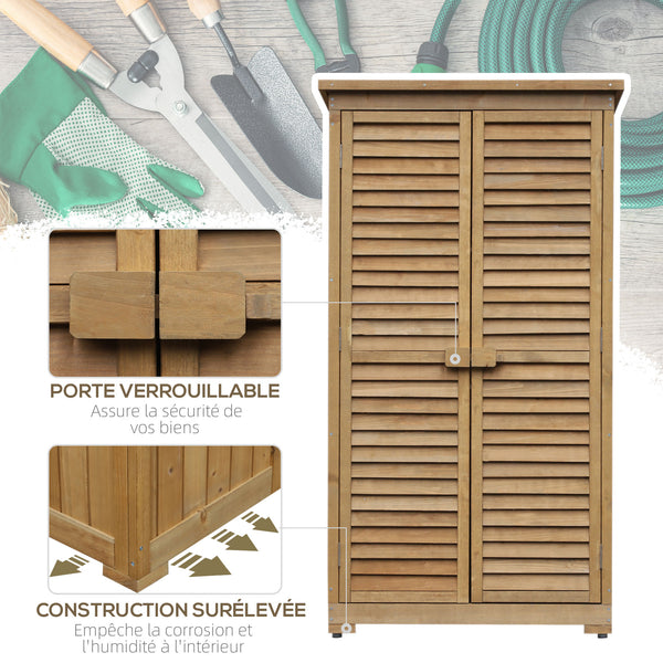 Armoire abri de jardin remise pour outils en bois sur pied 2 étagères toit bitumé incliné portes persiennes 87 x 47 x 160 cm naturel