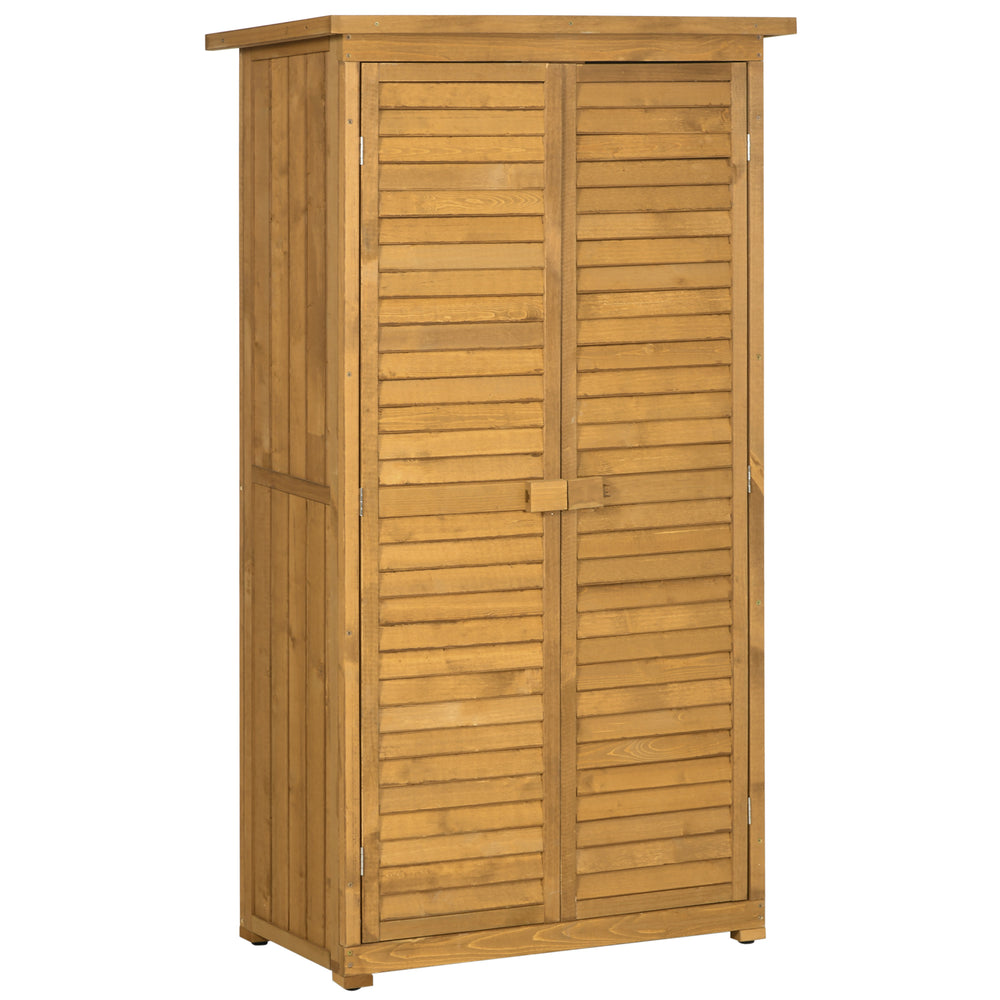 Armoire abri de jardin remise pour outils en bois sur pied 2 étagères toit bitumé incliné portes persiennes 87 x 47 x 160 cm naturel
