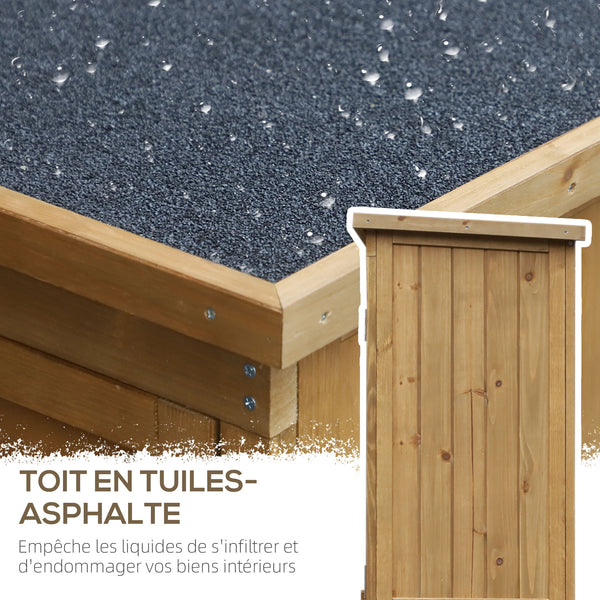 Armoire abri de jardin remise pour outils en bois sur pied 2 étagères toit bitumé incliné portes persiennes 87 x 47 x 160 cm naturel