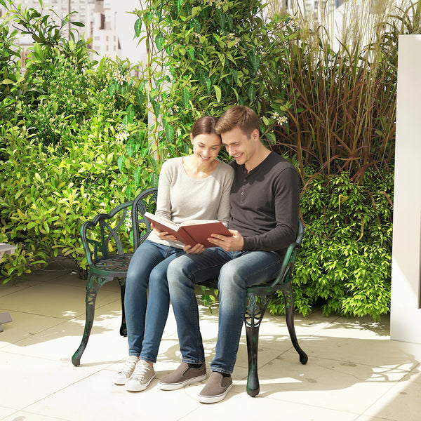 Banc de jardin en aluminium moulé, banc extérieur 2 places avec dossier tulipe, assise florale et accoudoirs, antirouille, pour terrasse, patio, pelouse, 99 x 57 x 78 cm, vert antique