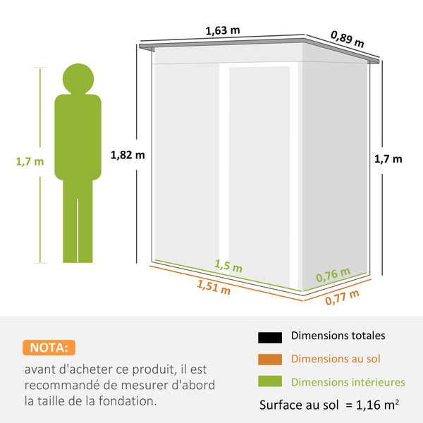 Abri de Jardin 1,16 m² - Remise pour Outils - cabanon Porte coulissante - dim. 163L x 89l x 182H cm - tôle d'acier Noir Blanc