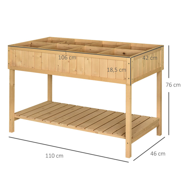Jardinière sur Pieds carré Potager avec étagère dim. 110L x 46l x 76H cm 8 Compartiments & Inserts d'irrigation Bois de Sapin