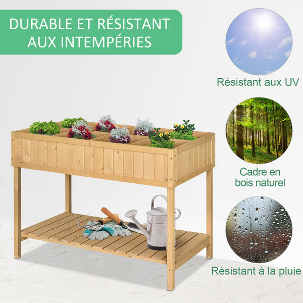 Jardinière sur Pieds carré Potager avec étagère dim. 110L x 46l x 76H cm 8 Compartiments & Inserts d'irrigation Bois de Sapin