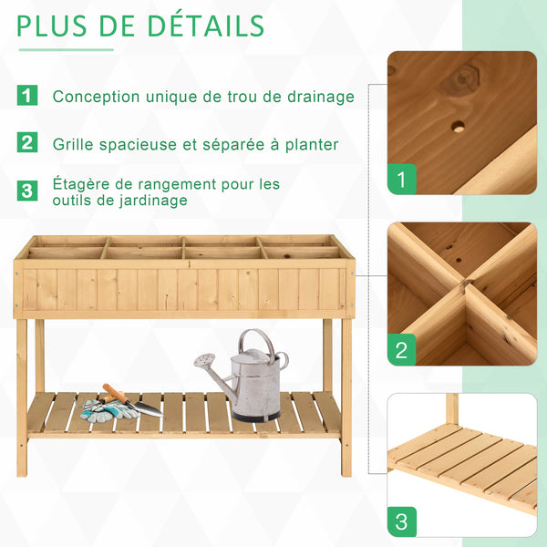 Jardinière sur Pieds carré Potager avec étagère dim. 110L x 46l x 76H cm 8 Compartiments & Inserts d'irrigation Bois de Sapin