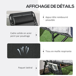 Bain de soleil, chaise longue pliante avec coussin, appuie-tête, poche latérale, textilène, transat jardin extérieur inclinable de plage camping piscine terrasse 58 x 189 x 32,5 cm gris clair