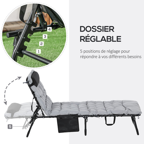 Bain de soleil, chaise longue pliante avec coussin, appuie-tête, poche latérale, textilène, transat jardin extérieur inclinable de plage camping piscine terrasse 58 x 189 x 32,5 cm gris clair