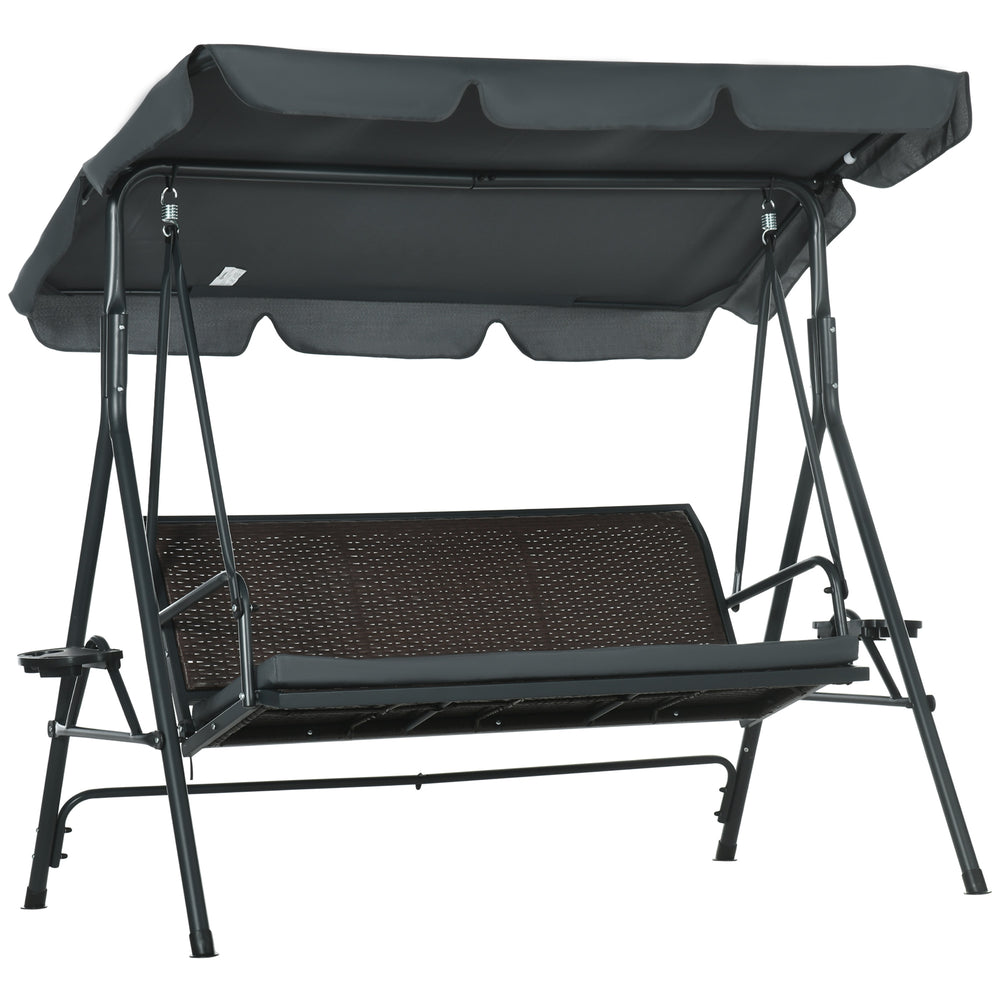 Balancelle de jardin 3 places toit inclinaison réglable avec porte-gobelets plateaux coussin assise dossier ergonomique en résine tressée PE cadre en acier et polyester gris foncé et marron
