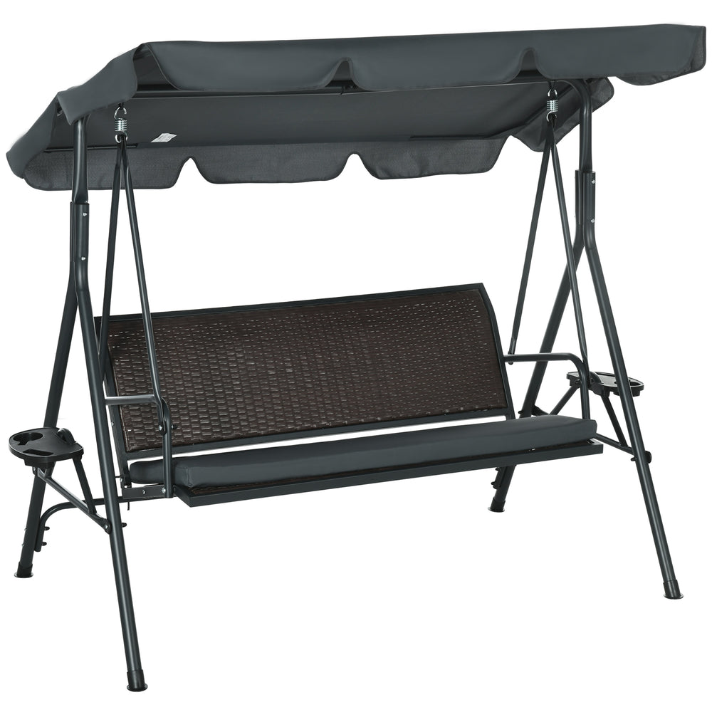 Balancelle de jardin 3 places toit inclinaison réglable avec porte-gobelets plateaux coussin assise dossier ergonomique en résine tressée PE cadre en acier et polyester gris foncé et marron