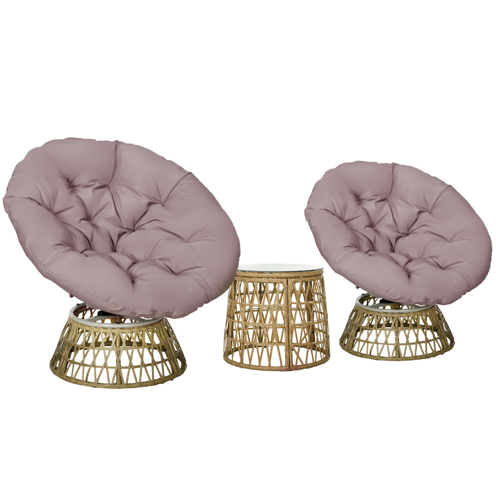 Ensemble salon de jardin 3 pièces avec 2 fauteuils papasan pivotant et 1 tables basse ronde 2 grands coussins fourni polyester résine tressée marron