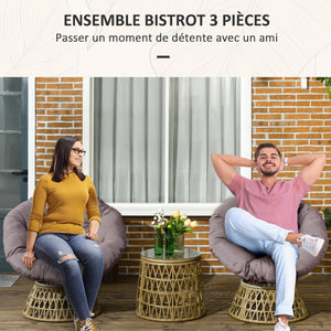 Ensemble salon de jardin 3 pièces avec 2 fauteuils papasan pivotant et 1 tables basse ronde 2 grands coussins fourni polyester résine tressée marron