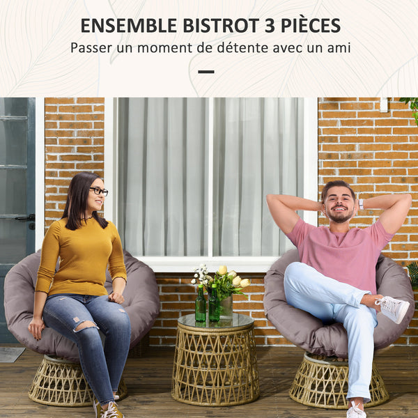 Ensemble salon de jardin 3 pièces avec 2 fauteuils papasan pivotant et 1 tables basse ronde 2 grands coussins fourni polyester résine tressée marron
