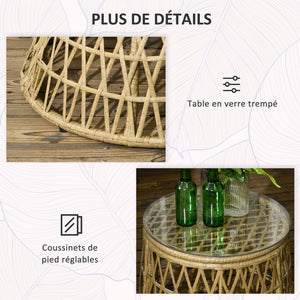 Ensemble salon de jardin 3 pièces avec 2 fauteuils papasan pivotant et 1 tables basse ronde 2 grands coussins fourni polyester résine tressée marron