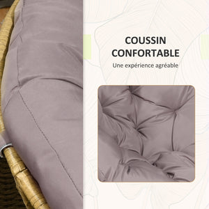 Ensemble salon de jardin 3 pièces avec 2 fauteuils papasan pivotant et 1 tables basse ronde 2 grands coussins fourni polyester résine tressée marron