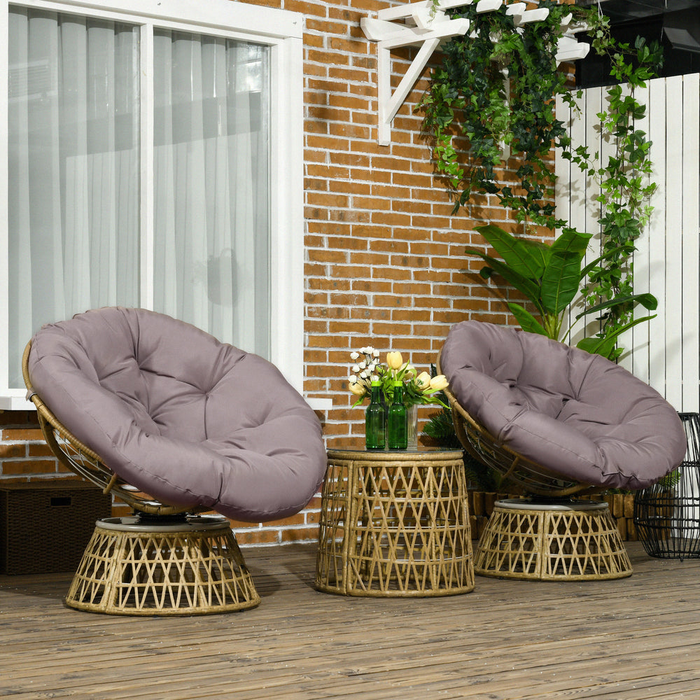Ensemble salon de jardin 3 pièces avec 2 fauteuils papasan pivotant et 1 tables basse ronde 2 grands coussins fourni polyester résine tressée marron