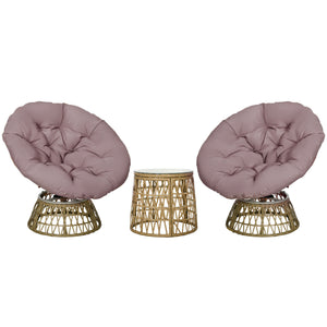 Ensemble salon de jardin 3 pièces avec 2 fauteuils papasan pivotant et 1 tables basse ronde 2 grands coussins fourni polyester résine tressée marron