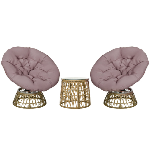 Ensemble salon de jardin 3 pièces avec 2 fauteuils papasan pivotant et 1 tables basse ronde 2 grands coussins fourni polyester résine tressée marron