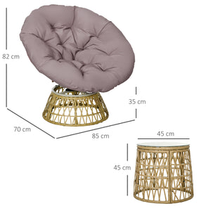 Ensemble salon de jardin 3 pièces avec 2 fauteuils papasan pivotant et 1 tables basse ronde 2 grands coussins fourni polyester résine tressée marron