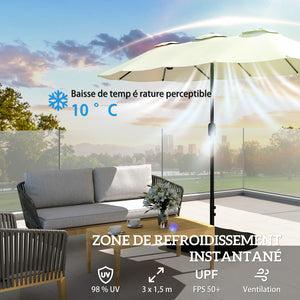 Parasol de jardin extérieur 300x150cm avec base et sacs de sable - parasol double face rectangulaire avec protection UV 50+ - grand pare-soleil à manivelle pour terrasse et balcon, beige