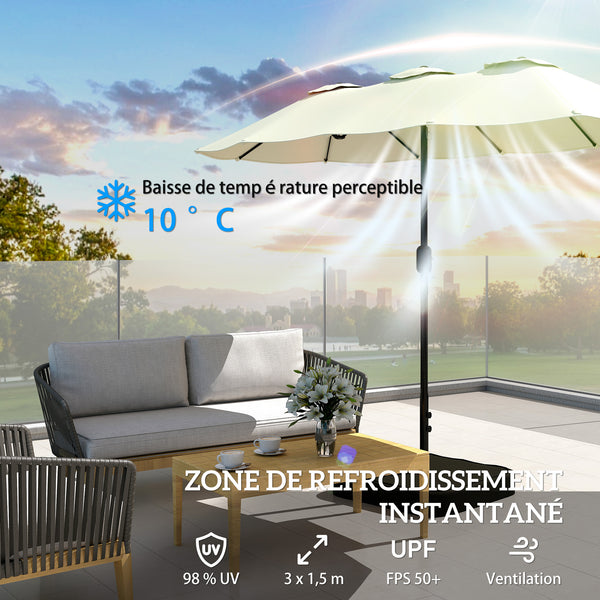 Parasol de jardin extérieur 300x150cm avec base et sacs de sable - parasol double face rectangulaire avec protection UV 50+ - grand pare-soleil à manivelle pour terrasse et balcon, beige