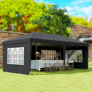 Tonnelle de jardin extérieure pop-up pliante - tente de réception - 3 x 6 m - pavillon chapiteau barnum - 3 cotés démontables - piquets d'ancrage au sol + sac de transport inclus noir