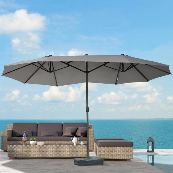 Parasol de jardin exterieur parasol double rectangulaire 4,6L x 2,7l x 2,4H m avec ouverture fermeture manivelle, sacs de lestage et base inclus, pour balcon, piscine, gris