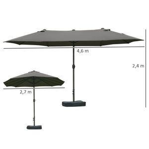 Parasol de jardin exterieur parasol double rectangulaire 4,6L x 2,7l x 2,4H m avec ouverture fermeture manivelle, sacs de lestage et base inclus, pour balcon, piscine, gris
