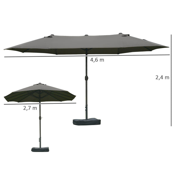 Parasol de jardin exterieur parasol double rectangulaire 4,6L x 2,7l x 2,4H m avec ouverture fermeture manivelle, sacs de lestage et base inclus, pour balcon, piscine, gris
