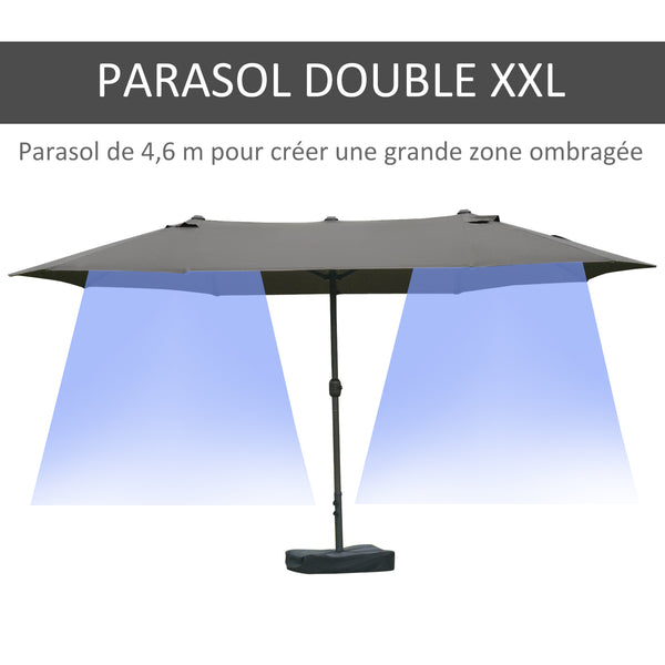 Parasol de jardin exterieur parasol double rectangulaire 4,6L x 2,7l x 2,4H m avec ouverture fermeture manivelle, sacs de lestage et base inclus, pour balcon, piscine, gris