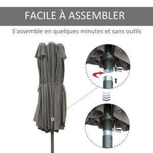 Parasol de jardin exterieur parasol double rectangulaire 4,6L x 2,7l x 2,4H m avec ouverture fermeture manivelle, sacs de lestage et base inclus, pour balcon, piscine, gris