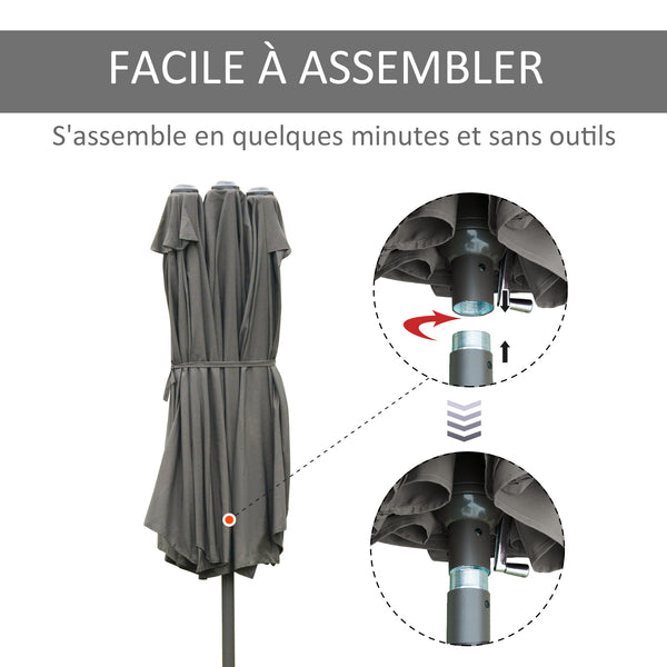 Parasol de jardin exterieur parasol double rectangulaire 4,6L x 2,7l x 2,4H m avec ouverture fermeture manivelle, sacs de lestage et base inclus, pour balcon, piscine, gris