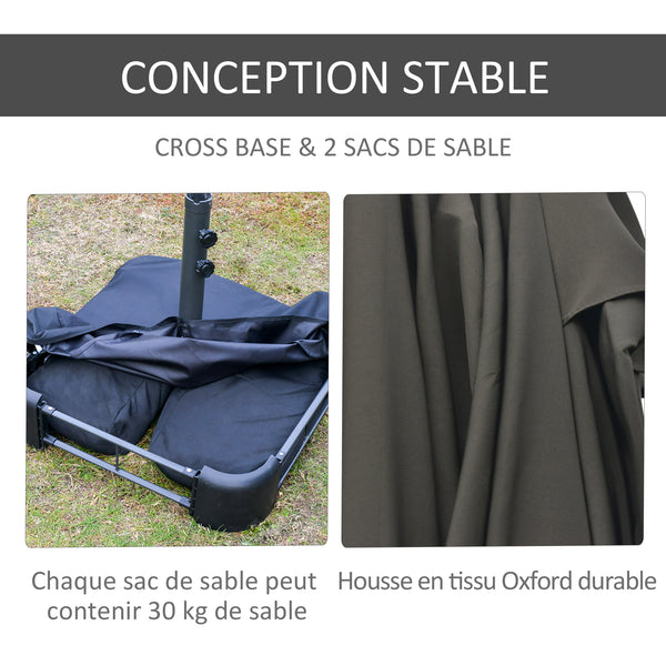Parasol de jardin exterieur parasol double rectangulaire 4,6L x 2,7l x 2,4H m avec ouverture fermeture manivelle, sacs de lestage et base inclus, pour balcon, piscine, gris