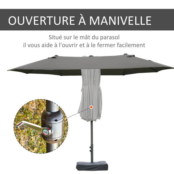 Parasol de jardin exterieur parasol double rectangulaire 4,6L x 2,7l x 2,4H m avec ouverture fermeture manivelle, sacs de lestage et base inclus, pour balcon, piscine, gris