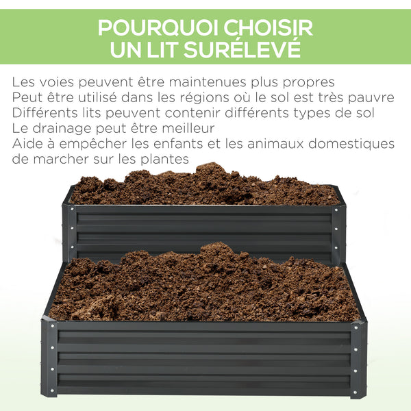 Carré potager de jardin jardinière en acier galvanisé lit de jardin surélevé fond ouvert 2 étages pour herbes légumes fruits fleurs 120 x 101 x 58 cm gris foncé