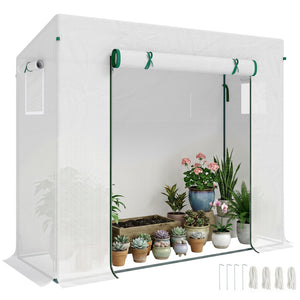 Serre de jardin PE, serre de balcon, bâche renforcée 140 g/m², châssis en acier, porte zippée enroulable, pour légumes plantes fleurs, intérieur et extérieur, 200 x 76 x 168 cm, blanc