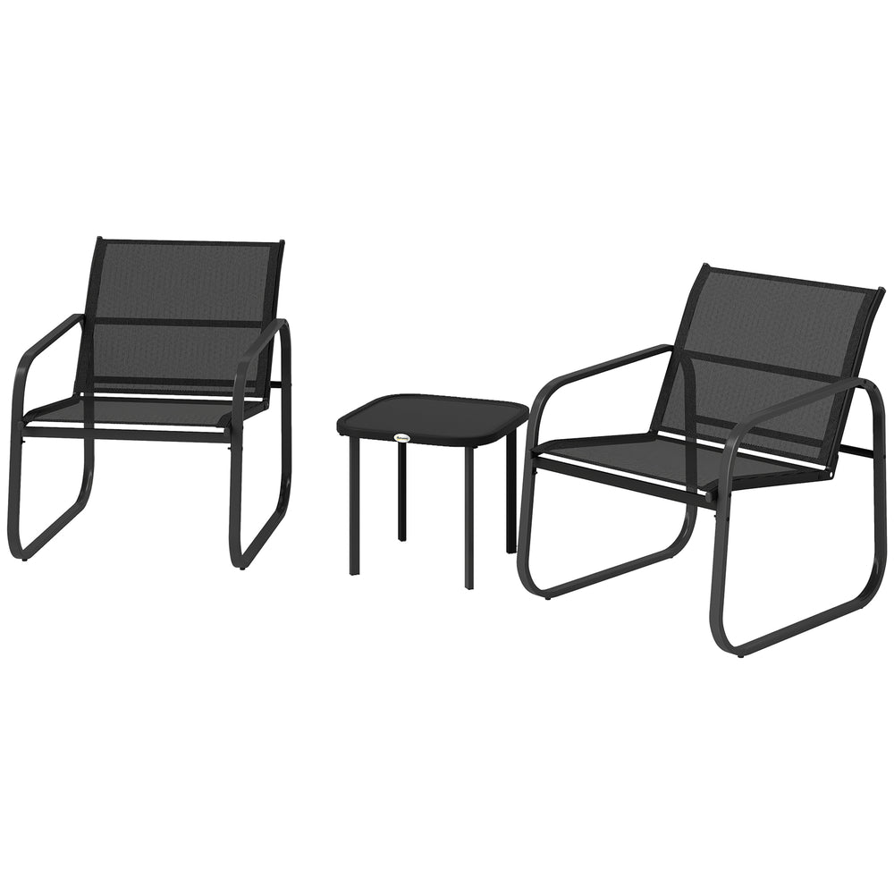Ensemble bistrot de jardin 3 pièces, salon de jardin extérieur 2 personnes avec 2 chaises en maille et table basse en verre trempé, mobilier de jardin, terrasse, balcon, véranda, noir