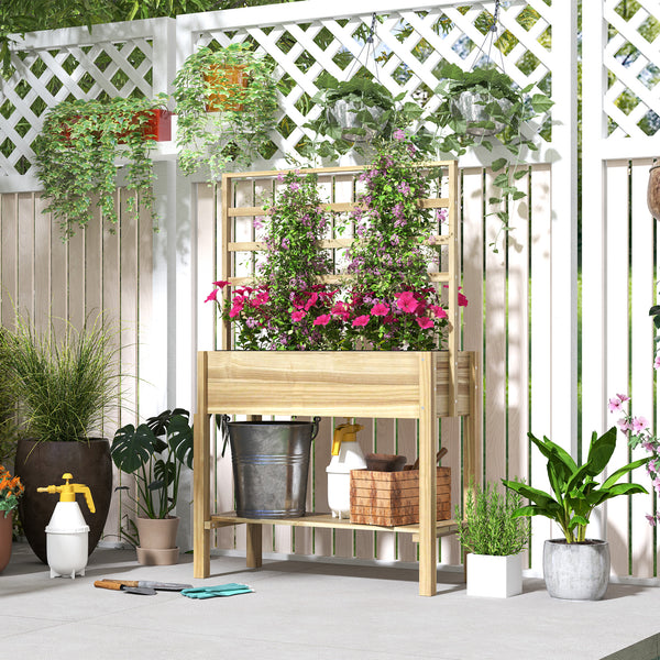 Jardinière sur pieds, carré potager de jardin sur pieds, avec treillis, trous de drainage et étagère inférieure, potager surélevé en bois pour fleurs, 88 x 37 x 137 cm, bois naturel