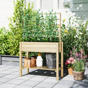 Jardinière sur pieds, carré potager de jardin sur pieds, avec treillis, trous de drainage et étagère inférieure, potager surélevé en bois pour fleurs, 88 x 37 x 137 cm, bois naturel