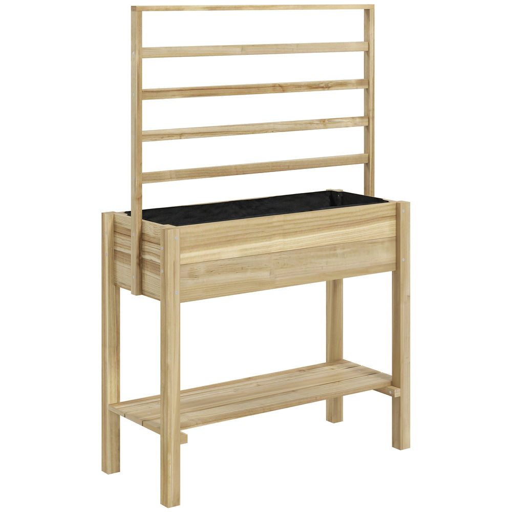 Jardinière sur pieds, carré potager de jardin sur pieds, avec treillis, trous de drainage et étagère inférieure, potager surélevé en bois pour fleurs, 88 x 37 x 137 cm, bois naturel