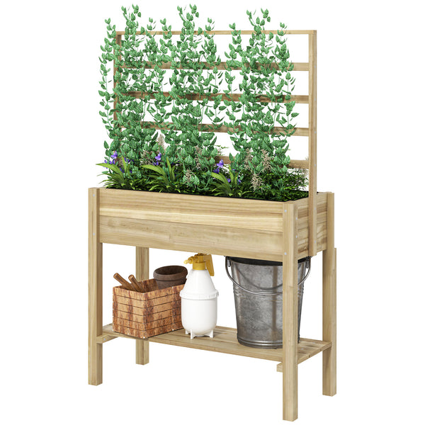 Jardinière sur pieds, carré potager de jardin sur pieds, avec treillis, trous de drainage et étagère inférieure, potager surélevé en bois pour fleurs, 88 x 37 x 137 cm, bois naturel