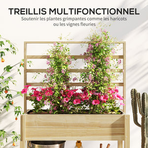 Jardinière sur pieds, carré potager de jardin sur pieds, avec treillis, trous de drainage et étagère inférieure, potager surélevé en bois pour fleurs, 88 x 37 x 137 cm, bois naturel