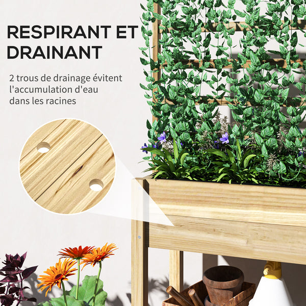 Jardinière sur pieds, carré potager de jardin sur pieds, avec treillis, trous de drainage et étagère inférieure, potager surélevé en bois pour fleurs, 88 x 37 x 137 cm, bois naturel