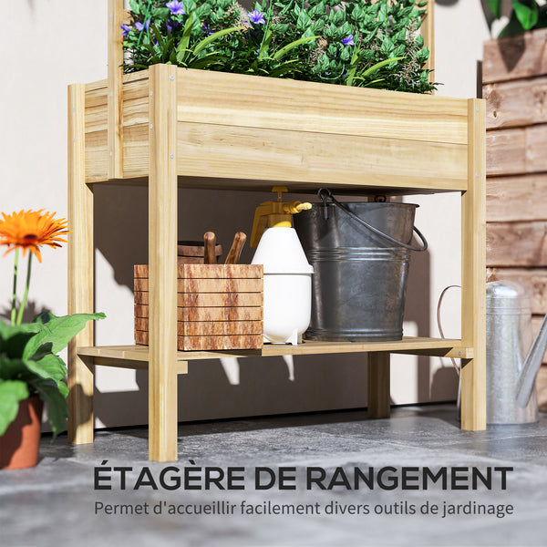 Jardinière sur pieds, carré potager de jardin sur pieds, avec treillis, trous de drainage et étagère inférieure, potager surélevé en bois pour fleurs, 88 x 37 x 137 cm, bois naturel
