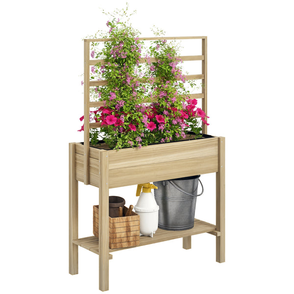 Jardinière sur pieds, carré potager de jardin sur pieds, avec treillis, trous de drainage et étagère inférieure, potager surélevé en bois pour fleurs, 88 x 37 x 137 cm, bois naturel