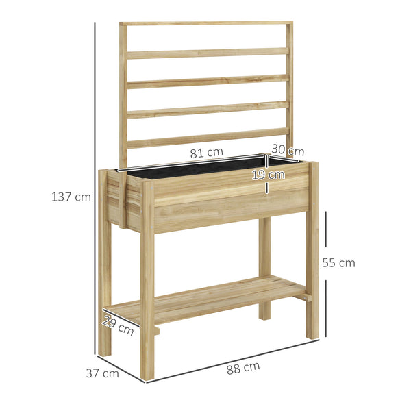 Jardinière sur pieds, carré potager de jardin sur pieds, avec treillis, trous de drainage et étagère inférieure, potager surélevé en bois pour fleurs, 88 x 37 x 137 cm, bois naturel
