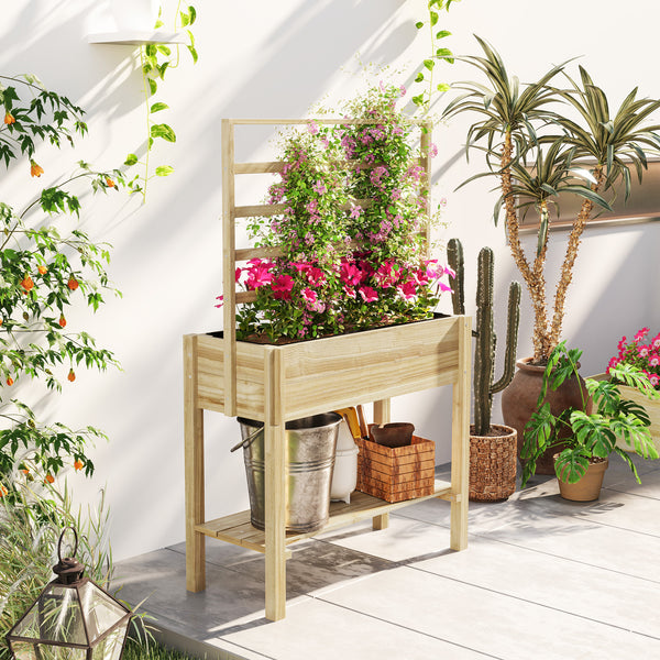Jardinière sur pieds, carré potager de jardin sur pieds, avec treillis, trous de drainage et étagère inférieure, potager surélevé en bois pour fleurs, 88 x 37 x 137 cm, bois naturel