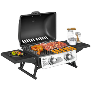 Barbecue gaz de table transportable, 2 brûleurs 5,6 KW, barbecue gaz de camping avec étagères latérales, couvercle, noir