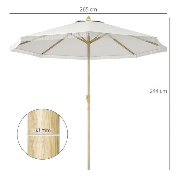 Parasol droit de jardin inclinable parasol avec manivelle à franges mât en métal style bohème 8 baleines Ø 265 x 244 cm blanc