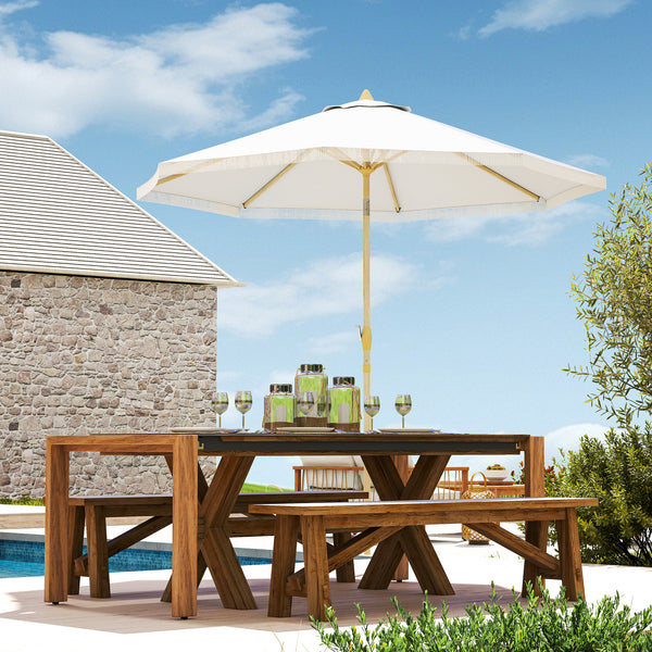 Parasol droit de jardin inclinable parasol avec manivelle à franges mât en métal style bohème 8 baleines Ø 265 x 244 cm blanc
