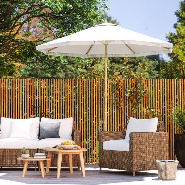 Parasol droit de jardin inclinable parasol avec manivelle à franges mât en métal style bohème 8 baleines Ø 265 x 244 cm blanc