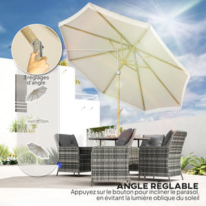 Parasol droit de jardin inclinable parasol avec manivelle à franges mât en métal style bohème 8 baleines Ø 265 x 244 cm blanc